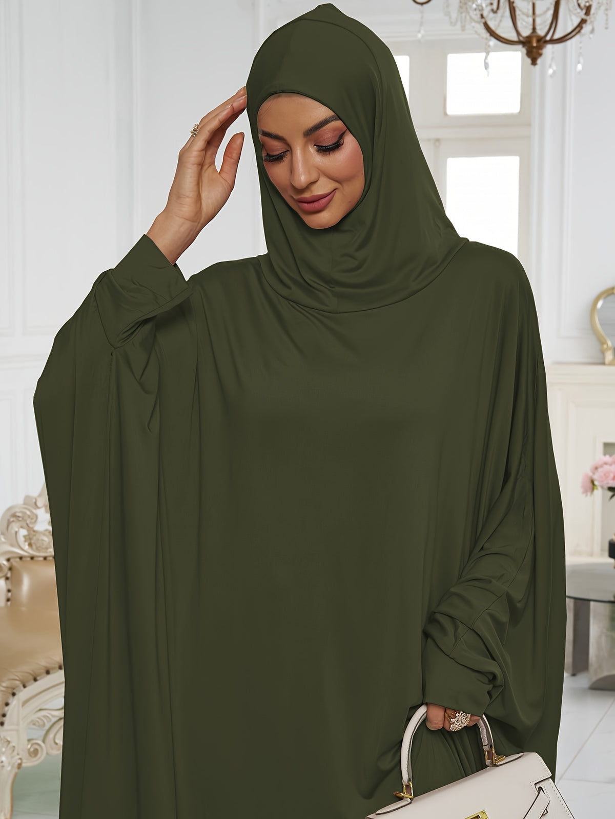 1pc Elegant And Fashionable Hooded One-Piece Abaya Été Abaya Femme Women Abaya Muslim Dress Robe Été Abaya Femme Prayer Jilbab - Olive Green