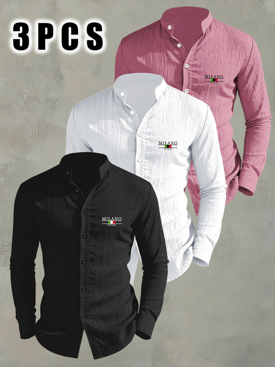 3pcs Men'S Lightweight Breathable Long Sleeve Shirts, Trendy "MILANO" Letter Flag Pattern Print - Fashionable Versatile Stand-Up Collar Comfortable Open Cardigan, Suitable for All Seasons, Beach, Outdoor, Travel Vacation, Party Daily Casual Wear - Black+white+rose Red