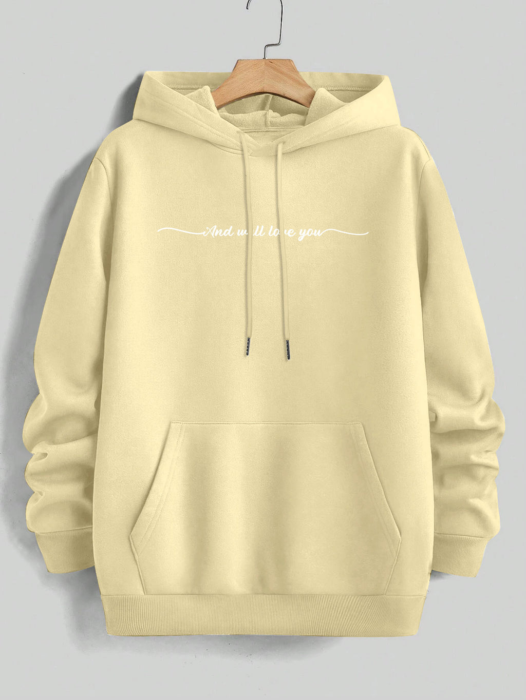 Men'S Yellow Hoodie with "And We'll Love You" Print - Cozy Fleece-Lined Pullover with Kangaroo Pocket, Casual Drawstring Hooded Sweatshirt for Spring & Fall, Comfortable Clothing | Relaxed Fit Hoodie | Fleece Lined Hoodie - Apricot