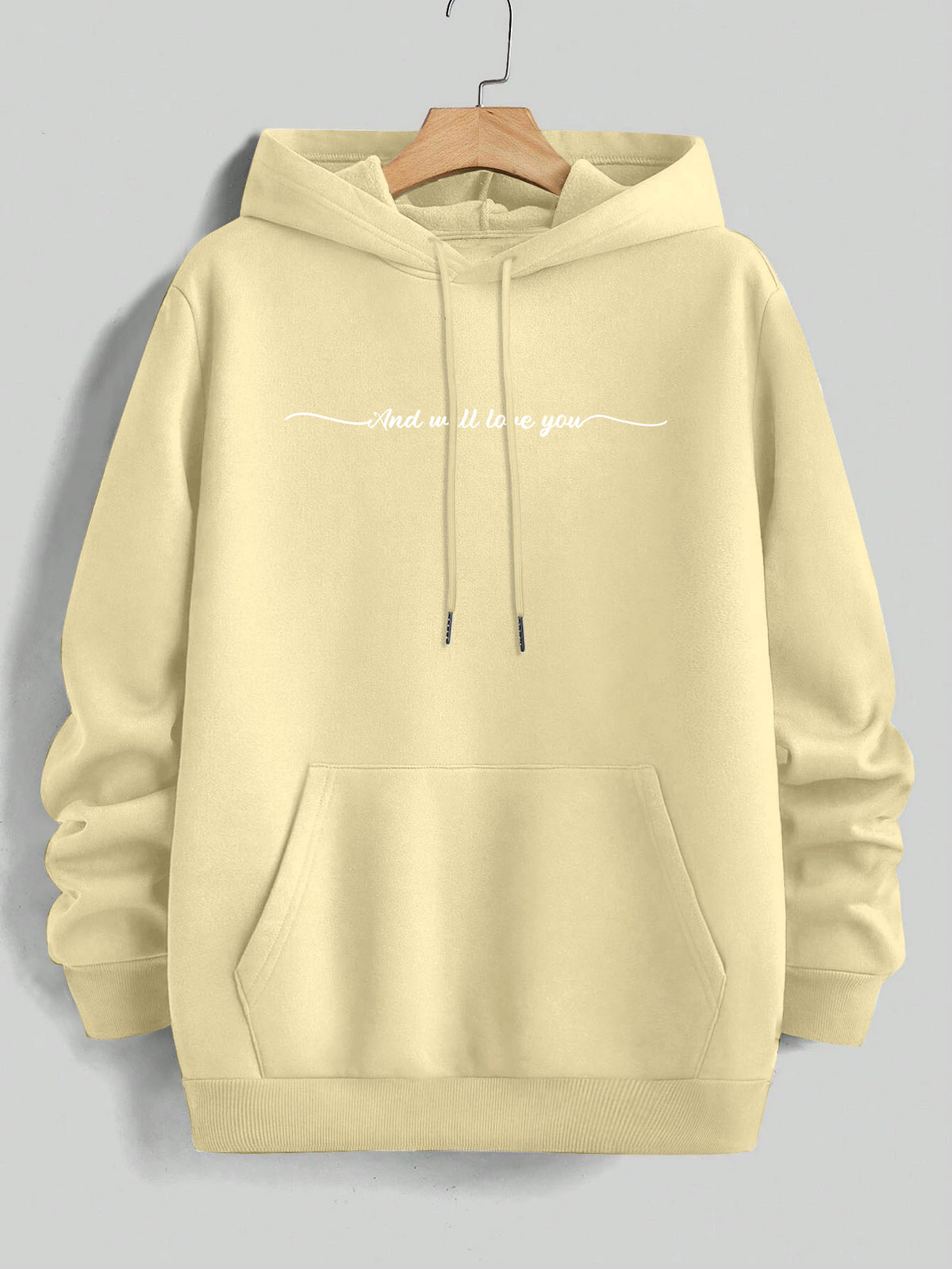 Men'S Yellow Hoodie with "And We'll Love You" Print - Cozy Fleece-Lined Pullover with Kangaroo Pocket, Casual Drawstring Hooded Sweatshirt for Spring & Fall, Comfortable Clothing | Relaxed Fit Hoodie | Fleece Lined Hoodie - Apricot