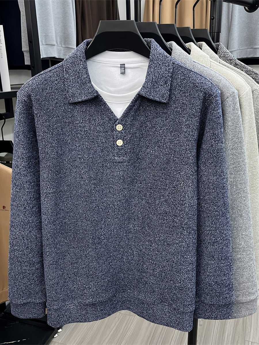 New Autumn/Winter Men's Pullover, Faux 2pcs Long Sleeve Lapel Knit Sweater, Geometric Pattern Men's Button-Up Sweater, Business Casual Fashion Versatile Solid Color Men's Top, Suitable for Daily Outings in Spring and Autumn, Men's Gift, First Choice - Navy Color
