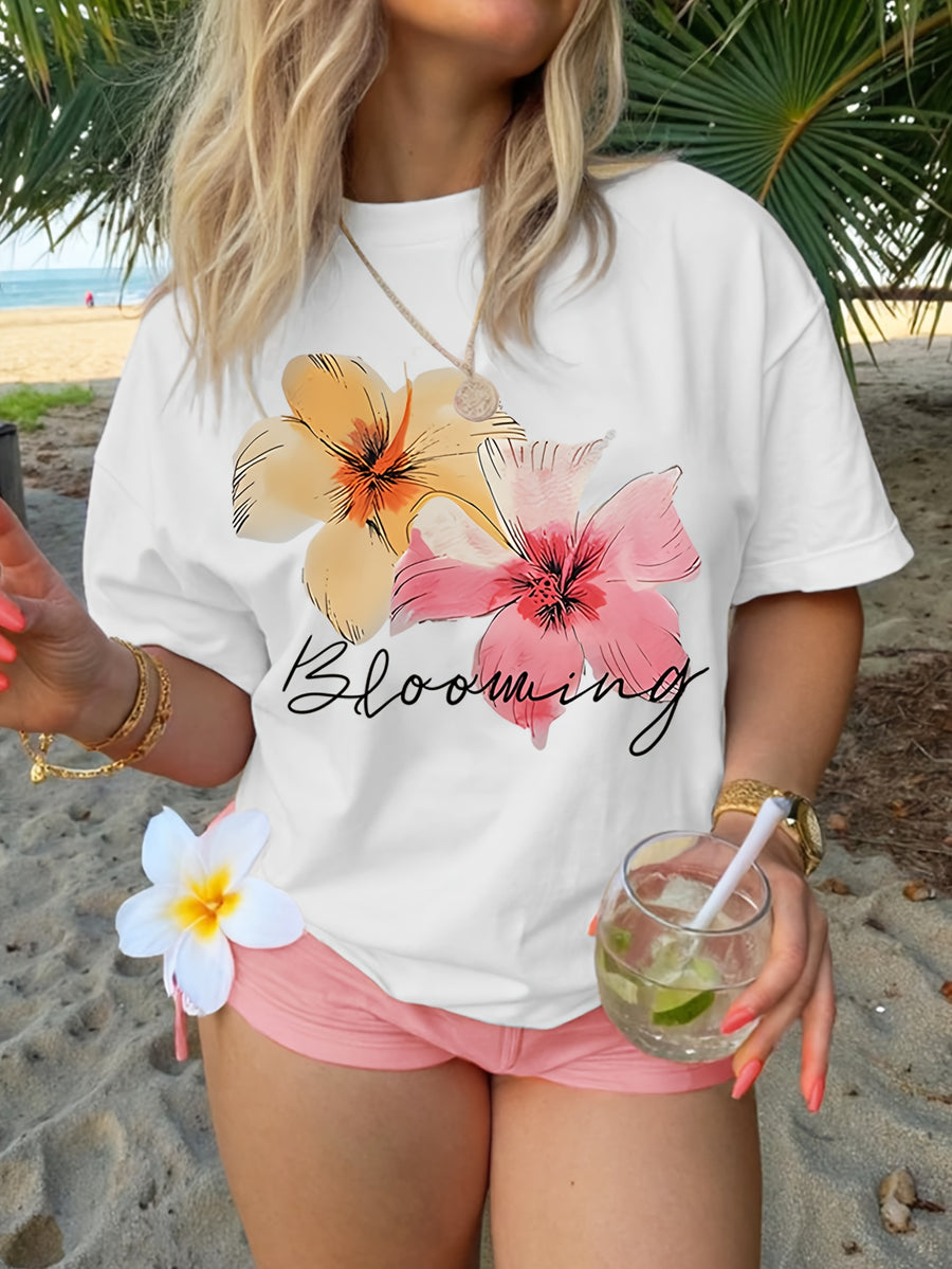 Short-Sleeved Round-Neck T-Shirt with a Vibrant Floral Print - White