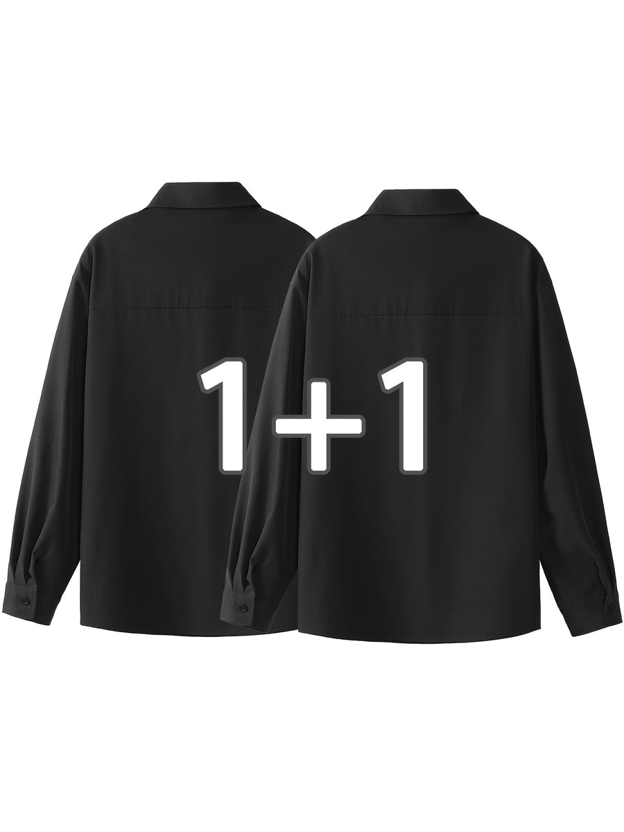 2pcs Set: Men's Casual Loose-Fitting Long-Sleeve Shirt with a Draping Effect, Black Premium Feel Versatile Top, Men's White Shirt Base Layer, Two-Shirt Set - Black+black