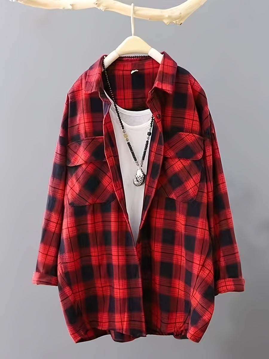 Women's Loose Black and White Plaid Shirt Long Sleeve Casual Commuter Pocket Top Wrinkle-Free Spring Autumn Outerwear - Red-Black