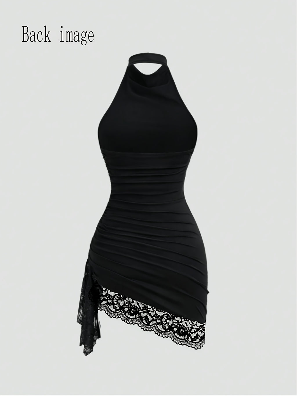 Elegant And Exquisite Halter Cowl Neck Sleeveless Bodycon Mini Dress, Fashion Side Ruched Irregular Asymmetrical Hem with Floral Lace Trim, Slim Fit Black Short Dress for Club, Party, Night Out And Daily Fashion Look - Black