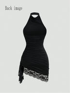 Elegant And Exquisite Halter Cowl Neck Sleeveless Bodycon Mini Dress, Fashion Side Ruched Irregular Asymmetrical Hem with Floral Lace Trim, Slim Fit Black Short Dress for Club, Party, Night Out And Daily Fashion Look - Black