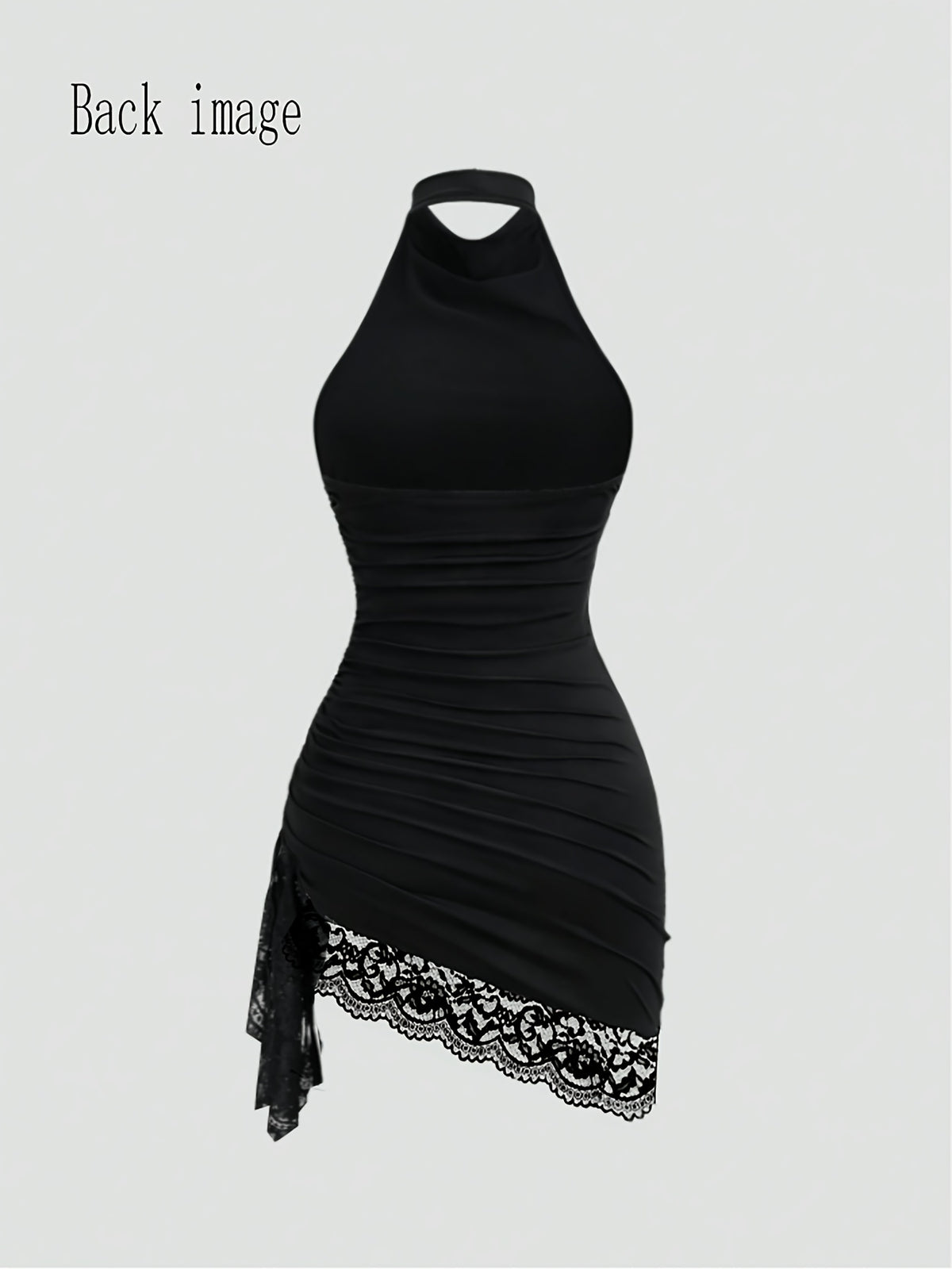 Elegant And Exquisite Halter Cowl Neck Sleeveless Bodycon Mini Dress, Fashion Side Ruched Irregular Asymmetrical Hem with Floral Lace Trim, Slim Fit Black Short Dress for Club, Party, Night Out And Daily Fashion Look - Black