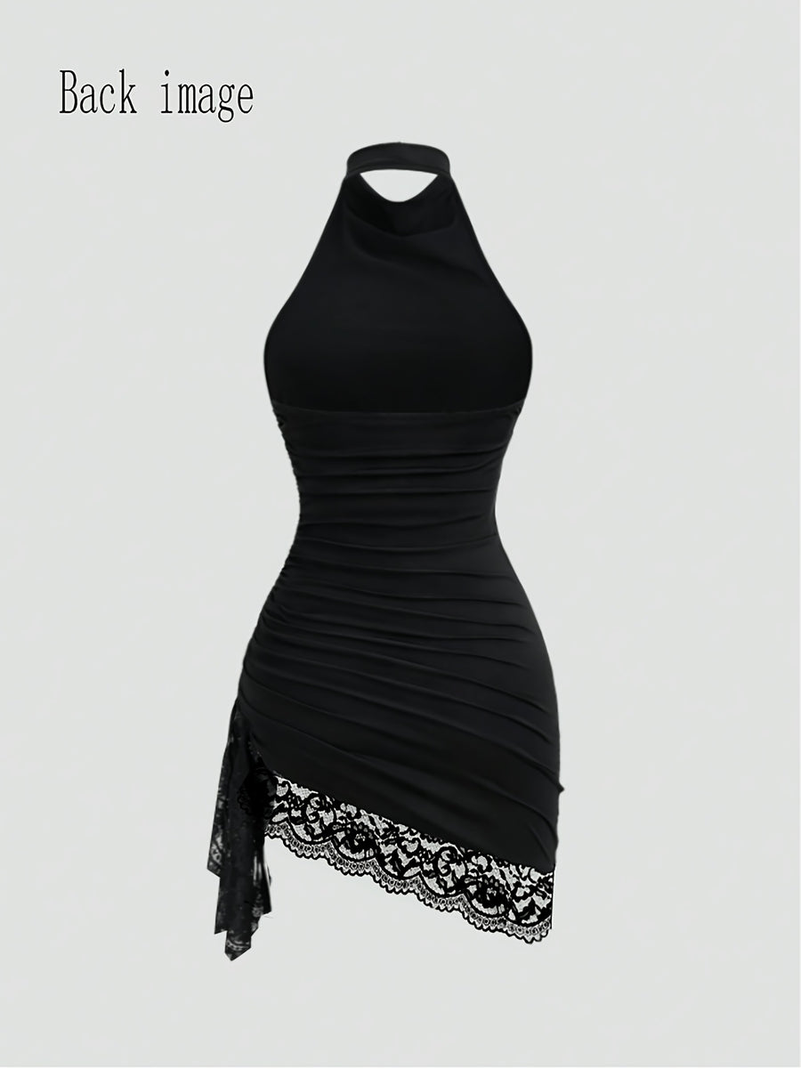 Elegant And Exquisite Halter Cowl Neck Sleeveless Bodycon Mini Dress, Fashion Side Ruched Irregular Asymmetrical Hem with Floral Lace Trim, Slim Fit Black Short Dress for Club, Party, Night Out And Daily Fashion Look - Black