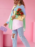Women'S Multicolor Printed Striped Casual Fashion Shirt, Blue, Green, Pink And Yellow Multicolor Contrast Beautiful Shirt, Suitable for Party, Commute And Vacation Long Sleeve Spring Summer Shirt, Daily Open Front Top [Niannian] - Mixed colors