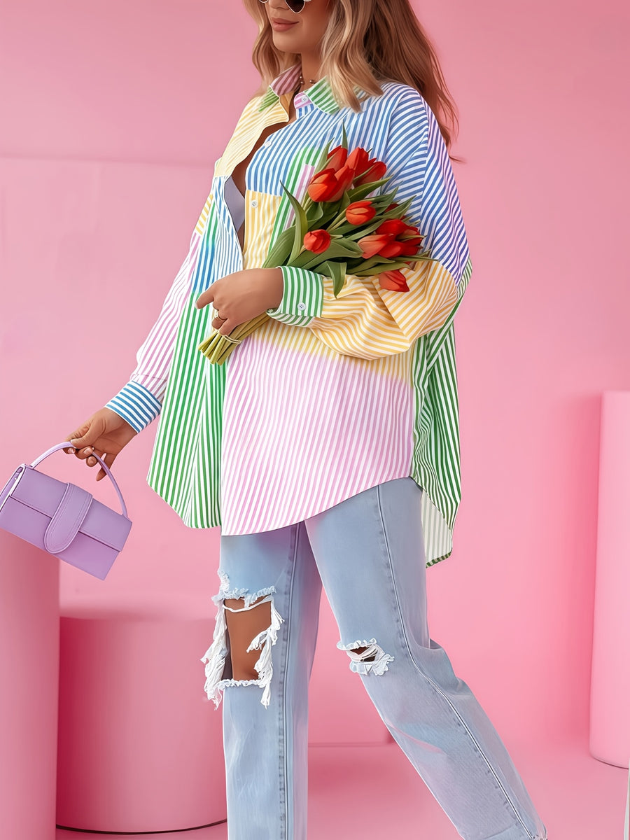 Women'S Multicolor Printed Striped Casual Fashion Shirt, Blue, Green, Pink And Yellow Multicolor Contrast Beautiful Shirt, Suitable for Party, Commute And Vacation Long Sleeve Spring Summer Shirt, Daily Open Front Top [Niannian] - Mixed colors