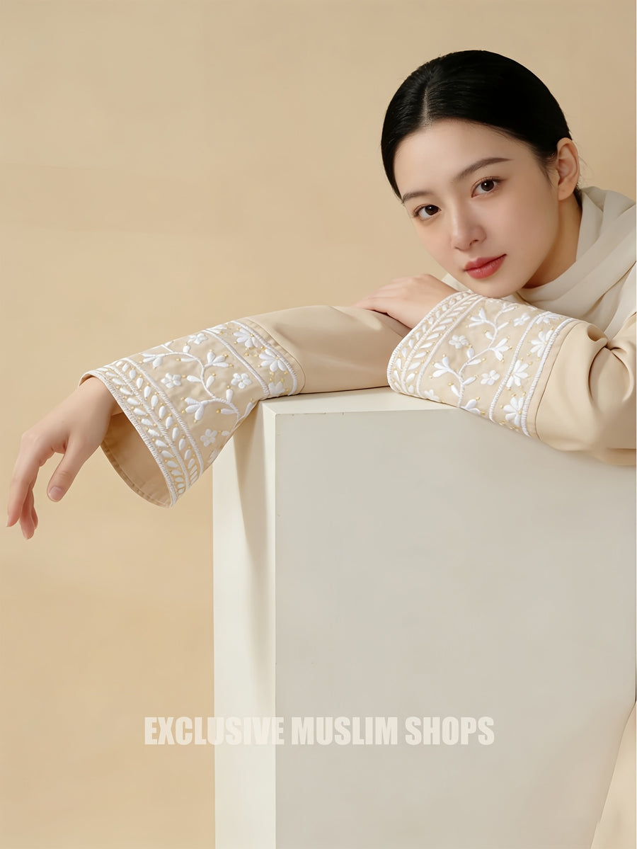 1pc Women'S Arab Robe - Elegant Islamic Dress, Exquisite Embroidered Cuffs, Suitable for Muslim Women, Office, Travel, Religious Ceremonies, Travel Clothing, Loose Fit, Breathable Fabric, Dignified Attire - Apricot