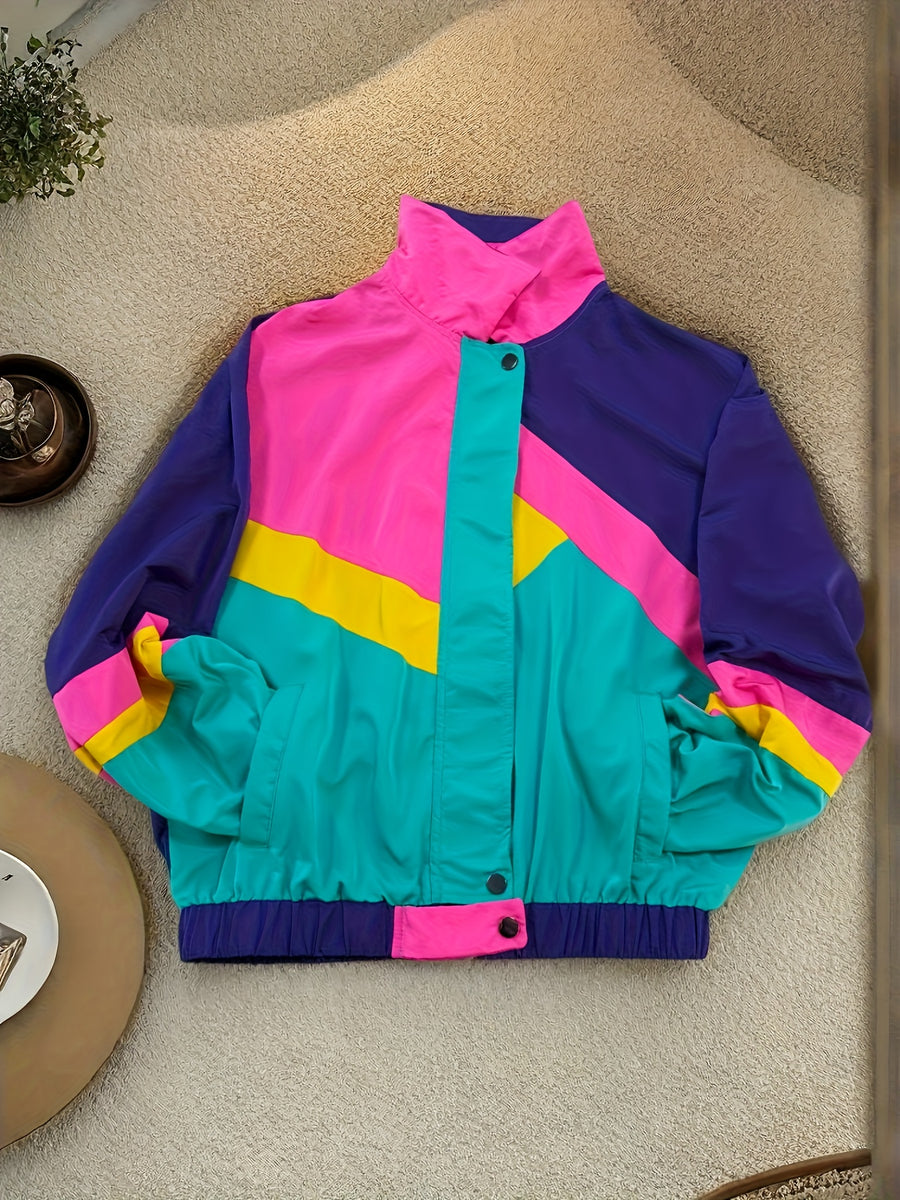 Women'S Casual Color-Block Jacket - Violet Blue