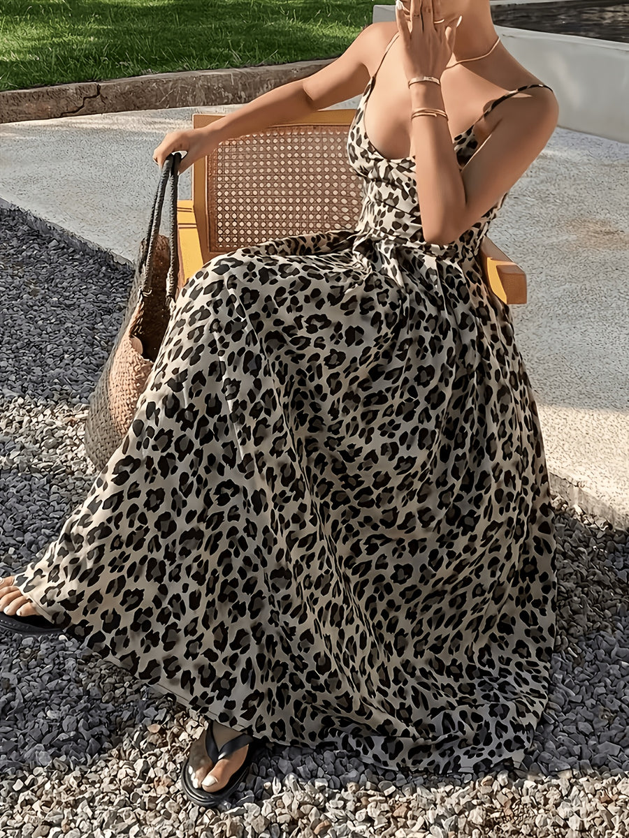Elegant Printed Back Drawstring Suspender Dress - Deep Grey