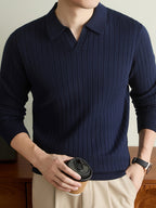 Autumn Winter Men'S Sweater, Lapel Men'S Long Sleeve Sweater, Casual Solid Color Pinstripe Seagull Collar Knit Warm Pullover POLO Shirt, Daily Commute Outdoor Holiday Wear POLO Shirt Sweater - Navy Color