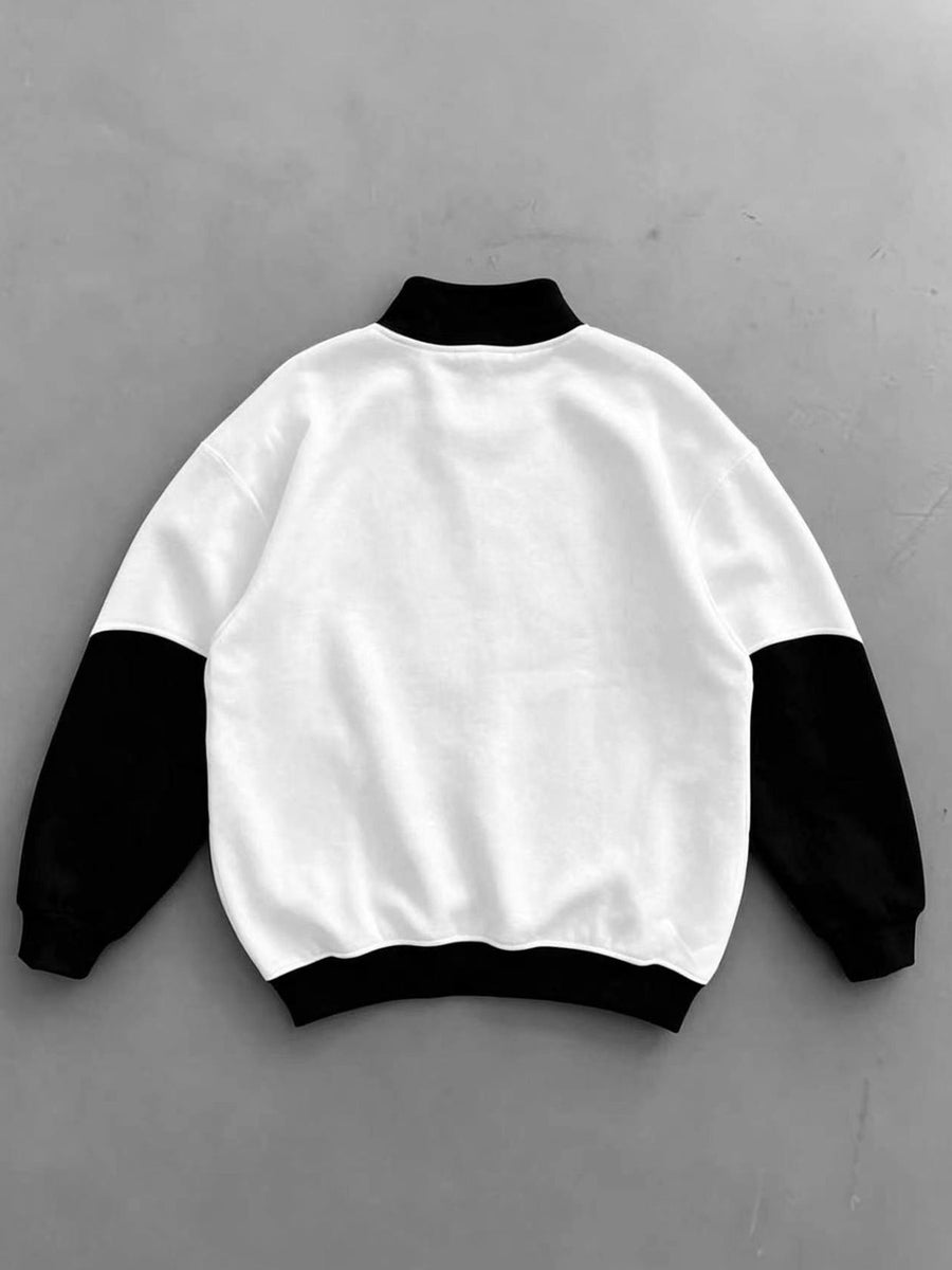 Men'S Individual Multi-Pattern Geometric Print Stand-Collar Sweatshirt, Black And White Contrast Color Patchwork Design, Quarter-Zip with Stand-Collar, Retro Motorcycle Style Sweatshirt - White