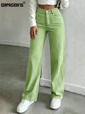 Ladie's 2026 New Stretch Straight-leg Apple Green Jeans, High-waisted Tummy-control Loose Denim Trousers, Elegant Women's Clothing, Washed Solid-color Business Casual Pants with Pockets, Baggy Comfortable Pantalones for Travel, Work and Office Wear - Apple Green