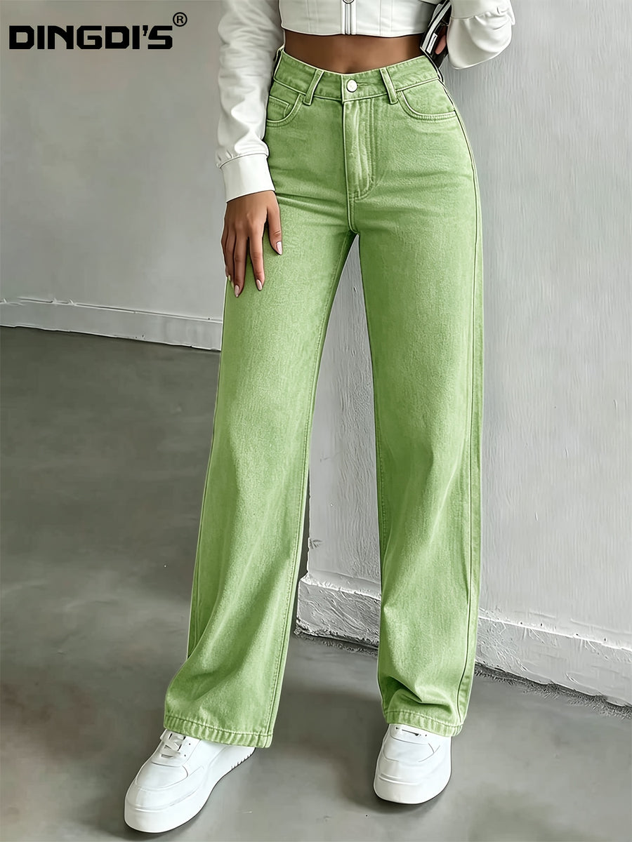 Ladie's 2026 New Stretch Straight-leg Apple Green Jeans, High-waisted Tummy-control Loose Denim Trousers, Elegant Women's Clothing, Washed Solid-color Business Casual Pants with Pockets, Baggy Comfortable Pantalones for Travel, Work and Office Wear - Apple Green
