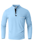 [Josh May OBM] 3pcs Men'S Long Sleeve Henley Shirts, Skin-Friendly Comfortable Fabric, Natural Elasticity Wearing Experience, Slim Casual Fit, Stand Collar Button-Up Design, Contrast Color Patchwork Detail, Chest Pocket Decoration - Light Khaki + Light Blue + White