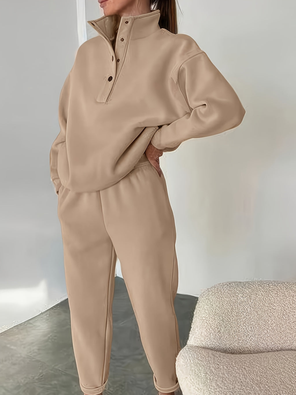 European and American Women's fashion ladies' body builders casual red suit s casual pure color loose waist, a versatile loose suit 2025 - Khaki