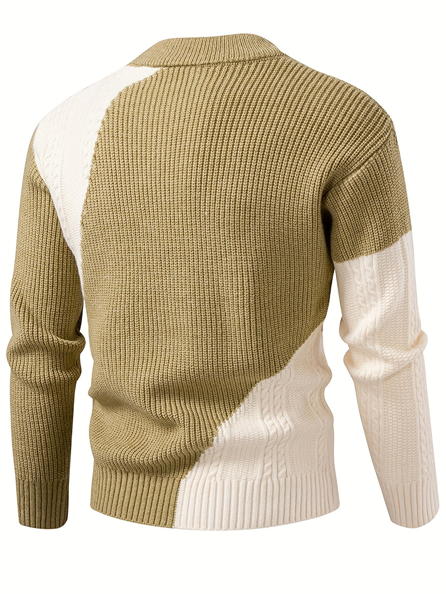New Autumn-Winter Round Neck Men's Sweater, Fashion Casual Trendy Patchwork Knitwear, Warm Thick Stylish Loose Top - Green