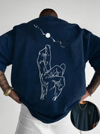 Creative Front And Back Print Round Neck T-Shirt, Pure Summer Trendy Fashion Short Sleeve, Casual Daily Style Top, Essential for Outdoor Leisure, Best for Gifting - Navy Color