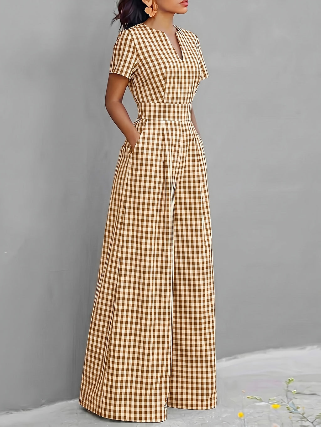 2026 Spring Summer New Plaid V-Neck Short Sleeve Jumpsuit Women'S High-Waist Wide-Leg Straight Long Pants, Women'S Commute Casual Two-Wear Jumpsuit, High-Waist Waist-Cinching Design with Flowing Wide-Leg Trousers - Light Brown-1