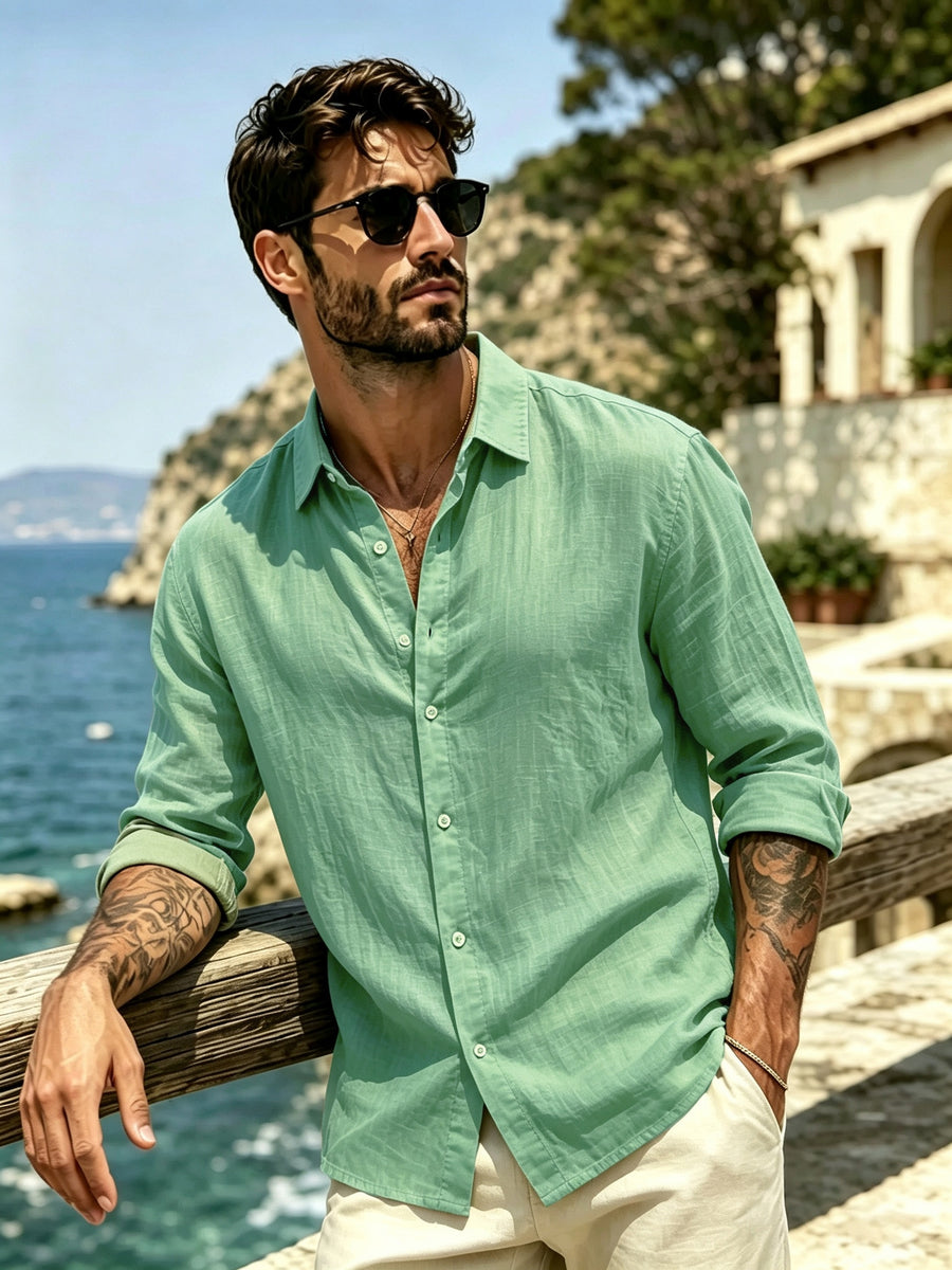 Men's Outdoor Button-Up Long Sleeve Solid Shirt for Back-to-School Season, Regular Fit Suitable for Daily Wear in Spring and Autumn - Green