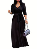 Western Fashion Solid Color V-Neck Women'S Dress Elegant Long Dress with Belt - Black