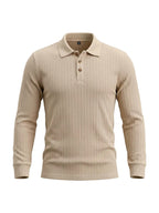 Men's Cable Twist Knit Long Sleeve Polo Shirt, Classic Collar 3 Buttons Solid Pullover, Casual Business Slim Fit Textured Top for Autumn Winter - Khaki