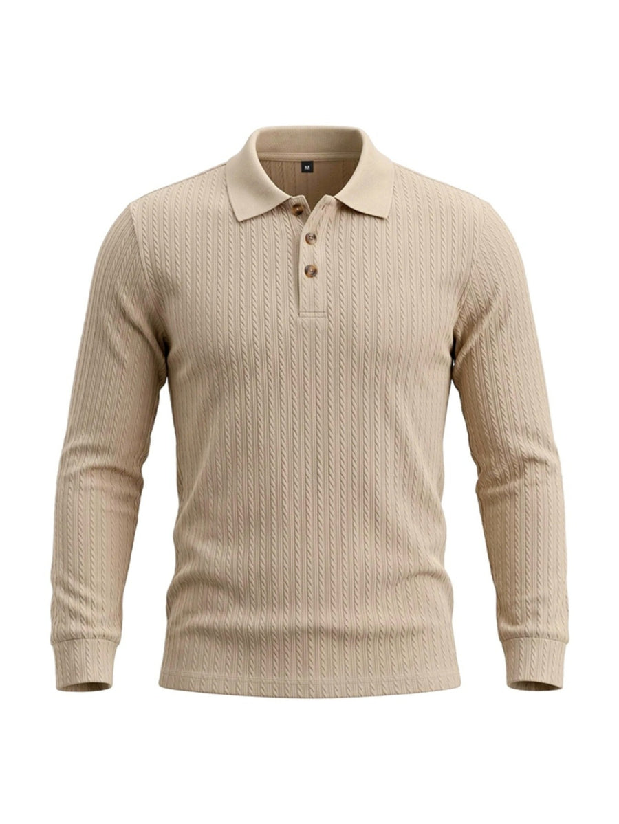 Men's Cable Twist Knit Long Sleeve Polo Shirt, Classic Collar 3 Buttons Solid Pullover, Casual Business Slim Fit Textured Top for Autumn Winter - Khaki