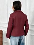 Autumn Winter New European Style Premium Asymmetrical Lapel Diagonal Zipper Short Jacket Solid Color Long Sleeve Top - Burgundy