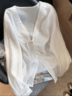 Women'S Fashion Elegant Lace Trim Patchwork V-Neck Tie-Front Single-Button Long Sleeve Open Front Shirt - White