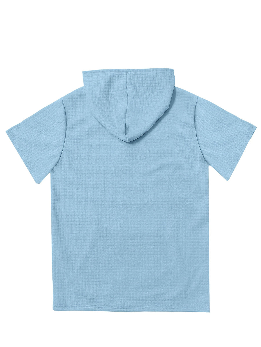2pcs Men's Waffle Knit Short-Sleeve Hoodie with Kangaroo Pocket, Soft and Breathable Fabric, Multiple Color Options, Versatile, Simple, Stylish, and Casual for Daily Wear or Sports, a Great Choice for Holiday Gifts for Fathers, Partners, and Friends - Sky Blue+Khaki
