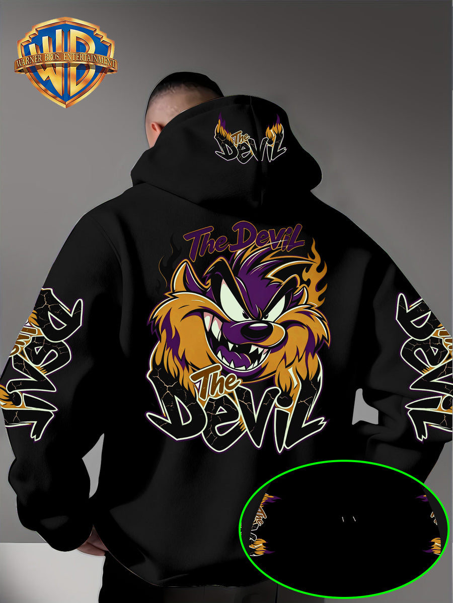 Le Yitong Big Mouth Monster The Devil Flame Print Hooded Sweatshirt, with Sleeve Print Design, Kangaroo Pouch And Drawstring Hood, Suitable for Autumn/Winter Casual Wear And Outdoor Activities - Black