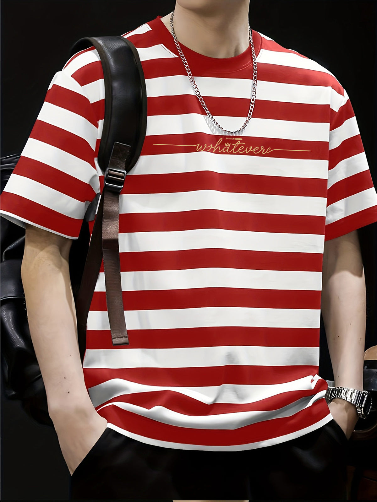 Simple Letter Print Fashion Men's Short Sleeve - Red And White