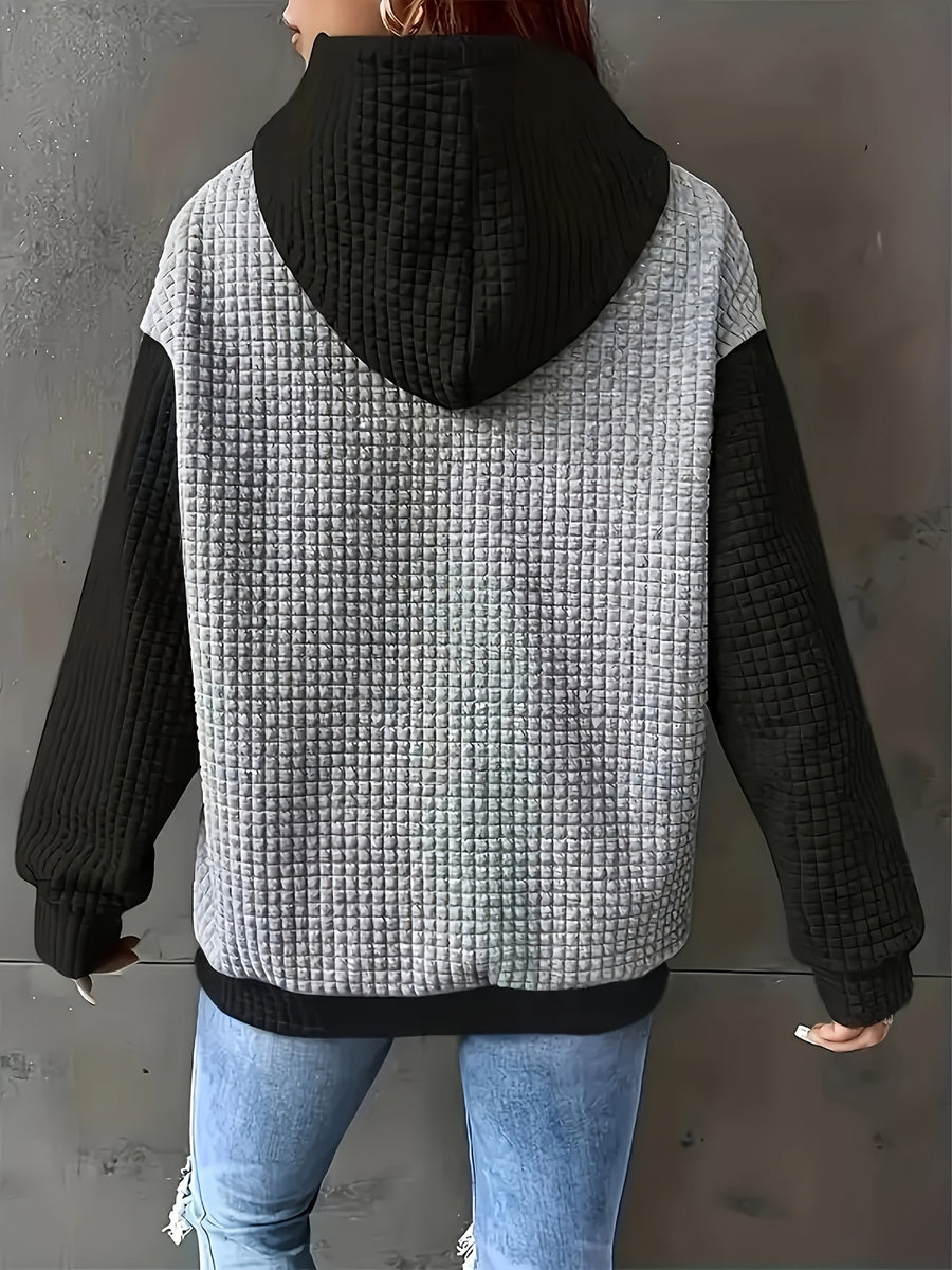 Autumn/Winter European and American Fashion Trendy Wide Fit Casual Loose Color Block Patchwork Pullover Hooded Versatile Sweatshirt Jacket for Women - Black