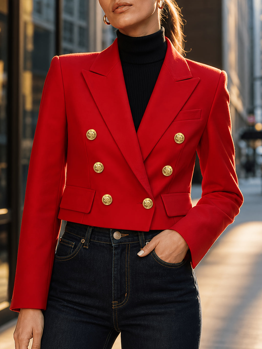 Women'S New Fashion Red Premium Style, Versatile Long Sleeve Short Length Waist-Defining Blazer with Lining - Red
