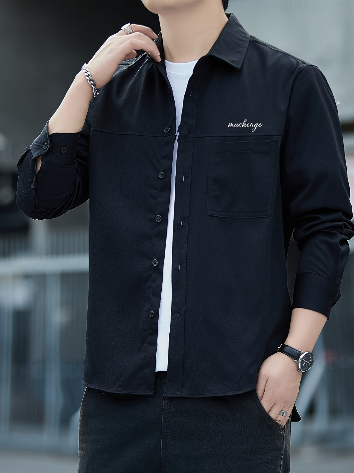 Men'S Long Sleeve Shirt Patchwork Single Pocket Letter Print Outdoor Casual Spring Autumn Regular Daily Commute Office Date Party - Black