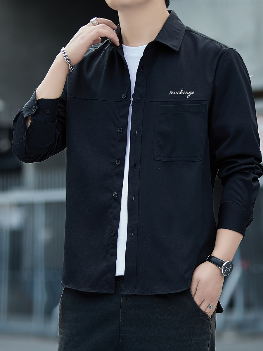 Men'S Long Sleeve Shirt Patchwork Single Pocket Letter Print Outdoor Casual Spring Autumn Regular Daily Commute Office Date Party - Black