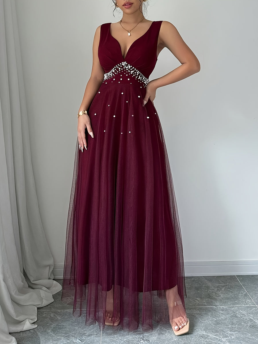 Elegant Women's Heart-Neckline Pearl Spandex Mesh Banquet Flared Long Dress, Elegant Party Dress for Spring/Summer, Suitable for Parties, Dinners, and Weddings, High-Quality Evening Gown, Modern, Elegant, and Chic Women's Long Party Dress - Deep Red