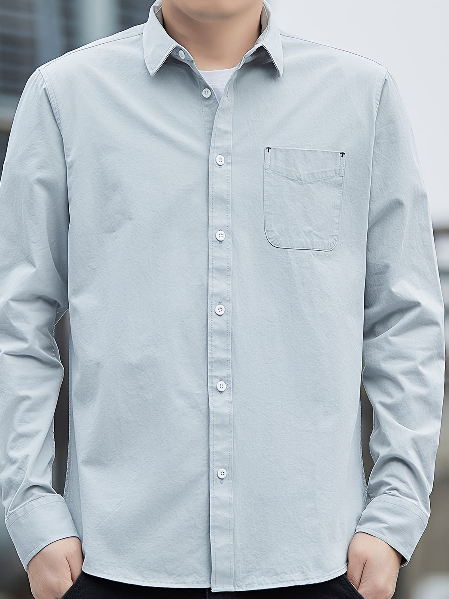 [Uomo Le Mi OBM] 1pc Spring/Autumn New Men'S Formal Shirt, Solid Color Lapel Pocket Open-Front Long Sleeve Shirt, Men'S Business Casual Fashion Versatile Shirt Jacket, Suitable for Spring And Autumn Single Wear Or Outerwear, Fits Daily And Casual - Light Blue