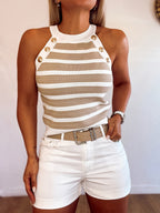 Button-Contrast Halter Style Vest - Khaki