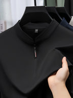[Josh Mei Obm] Summer Men'S Solid Color Short Sleeve Zipper T-Shirt, Mid-Age Casual Stand-Up Collar Pullover Top - Black