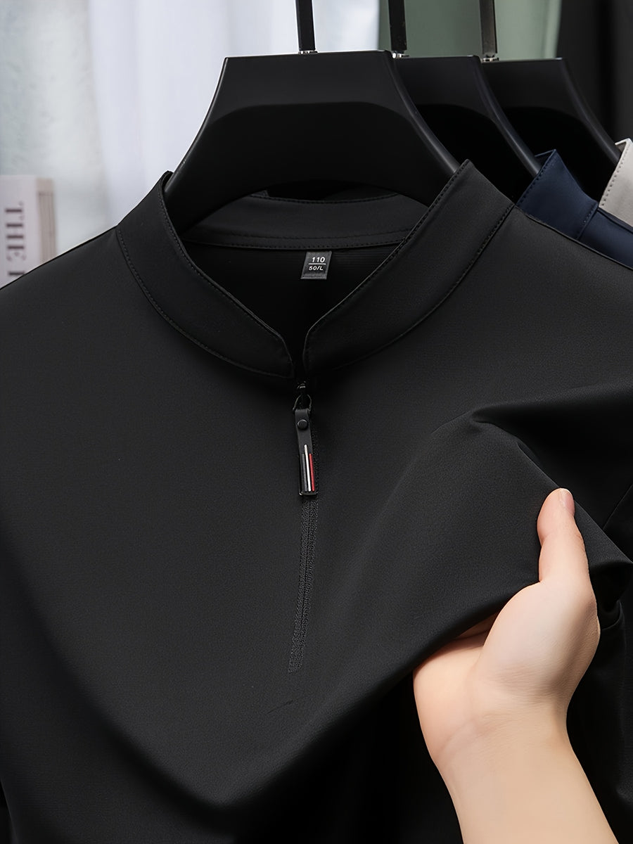 [Josh Mei Obm] Summer Men'S Solid Color Short Sleeve Zipper T-Shirt, Mid-Age Casual Stand-Up Collar Pullover Top - Black
