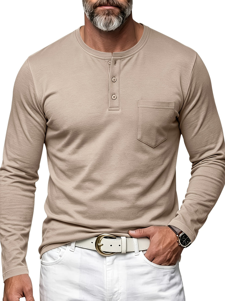 Men's Henley Neck Long Sleeve T-Shirt, Spring/Autumn Three-Button Casual Base Layer, Slim Fit Versatile Top with Left Chest Pocket - Khaki