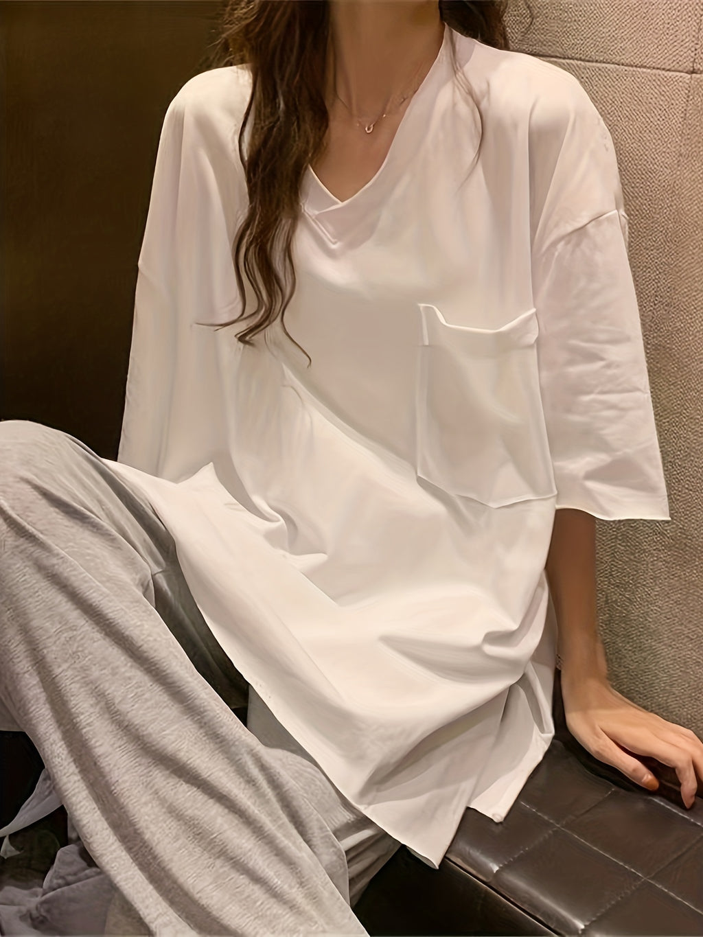 Slit T-Shirt Women'S Summer Loose Korean Rolled Edge Front Short Back Long Short-Sleeved V-Neck Top - White