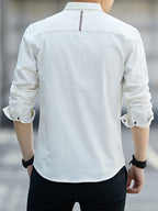 Men'S Casual Shirt, Spring/Autumn Style Linen-Like Collar Long Sleeve Versatile Solid Color Shirt, Minimalist Letter Print on Chest, Slim Fit Slimming Business Casual Top, Youth Daily Commute Versatile Men'S Clothing - White