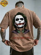 Warner Genuine Authorization, Men's Short Sleeved Heath Ledger Clown Print Pattern, American Retro Washed Distressed T-shirt, Suitable for Outdoor Sports, Daily Commuting, Machine Washable - Coffee Brown