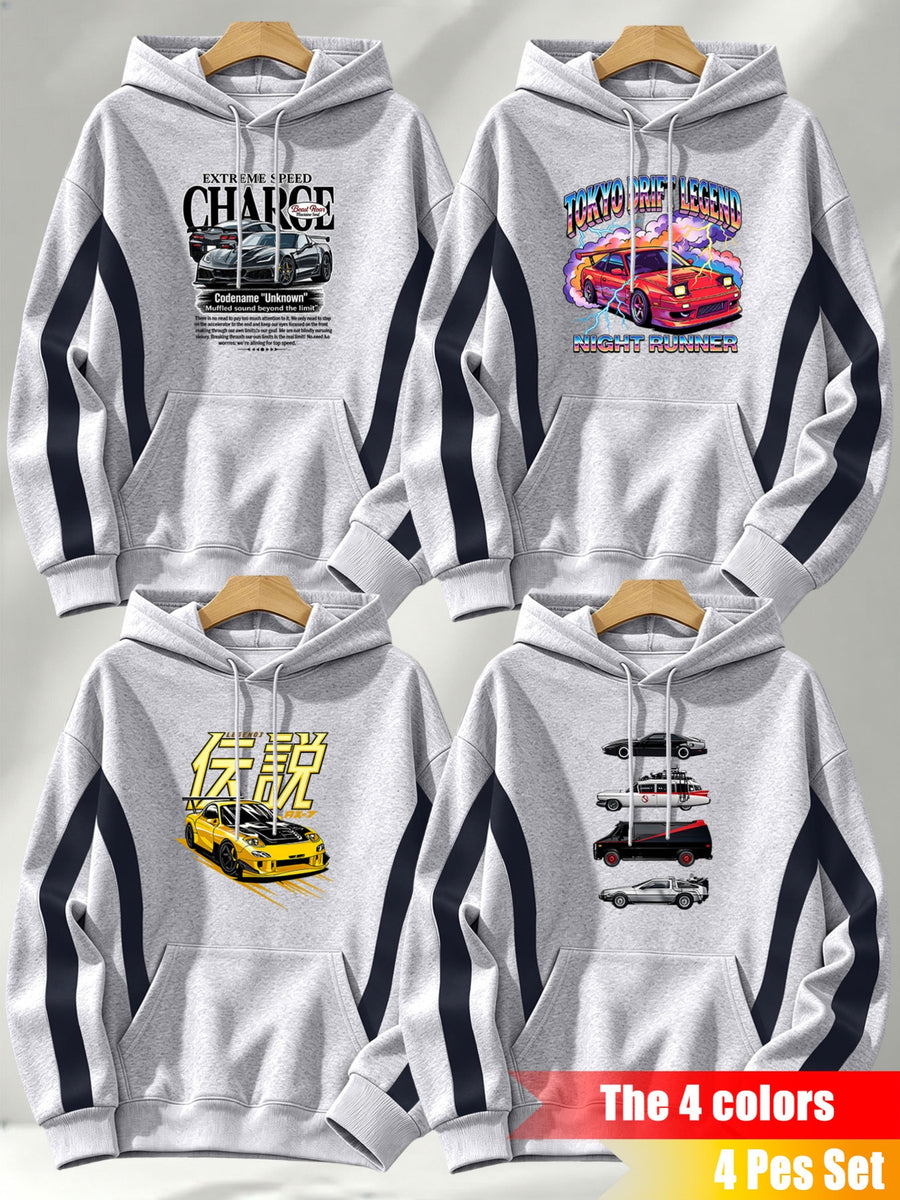 4pcs Set: 2026 Autumn/Winter Men's Street Style Hooded Sweatshirt with Diagonal Contrast Color Stripes on Sleeves, Long Sleeves, Adjustable Drawstring, Large Capacity Kangaroo Pocket for Phones, Skin-Friendly and Warm, Versatile Pullover Hoodie - Gray+grey+grey+grey