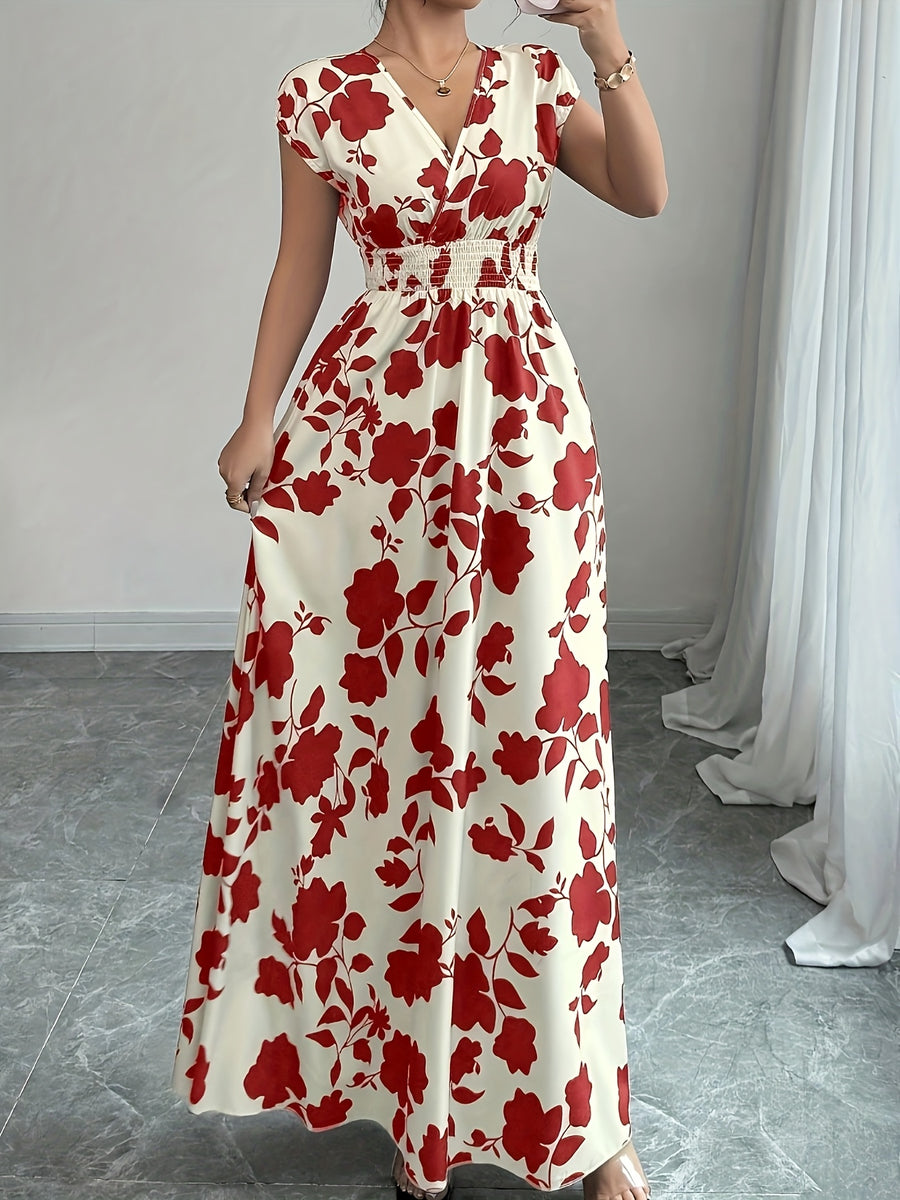 Elegant Pink Floral Maxi Dress with V-Neck and Short Sleeves - Flowing A-Line Silhouette, Cinched Waist, Perfect for Spring/Fall, Casual to Formal Wear, Casual Elegant Wear | Floral Print Dress | Cinched Waist Design - Red